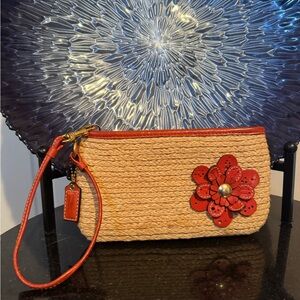 Coach Straw & Leather Tan & Red-Orange Wristlet